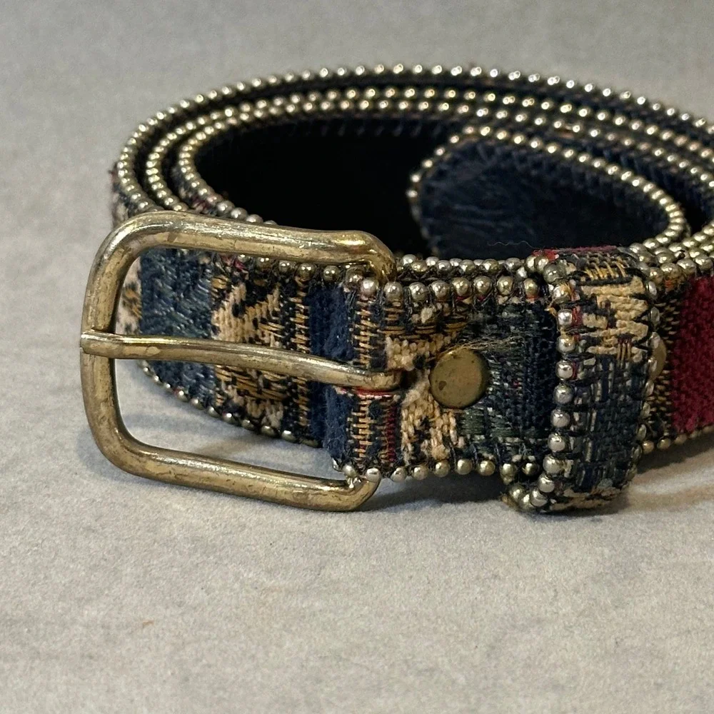 Vintage Tapestry Woven Belt Ball Chain Trim Burgundy Navy Gold Buckle USA‎ ML